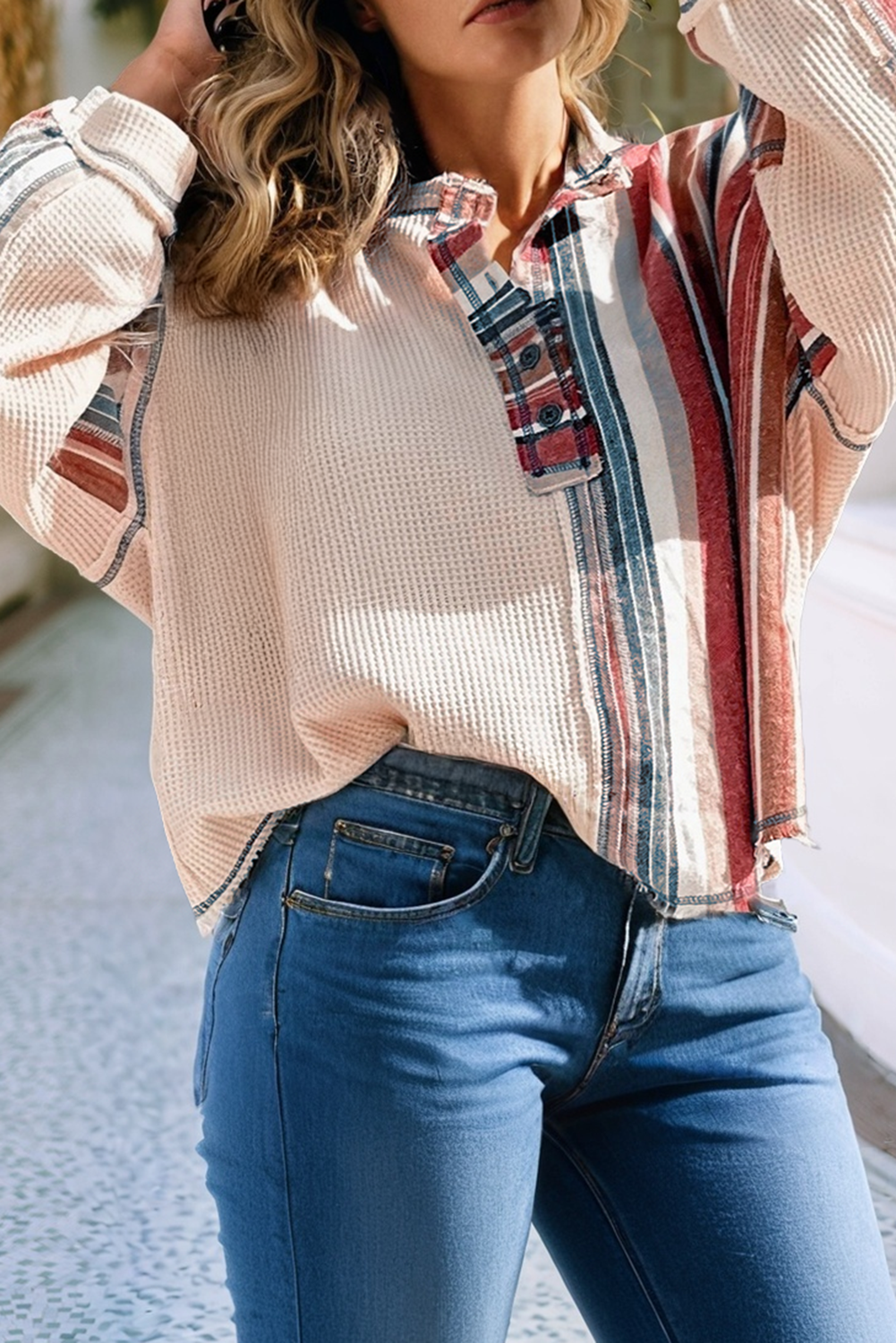 Waffle Patchwork Casual Knit Top | Crossroads Boutique